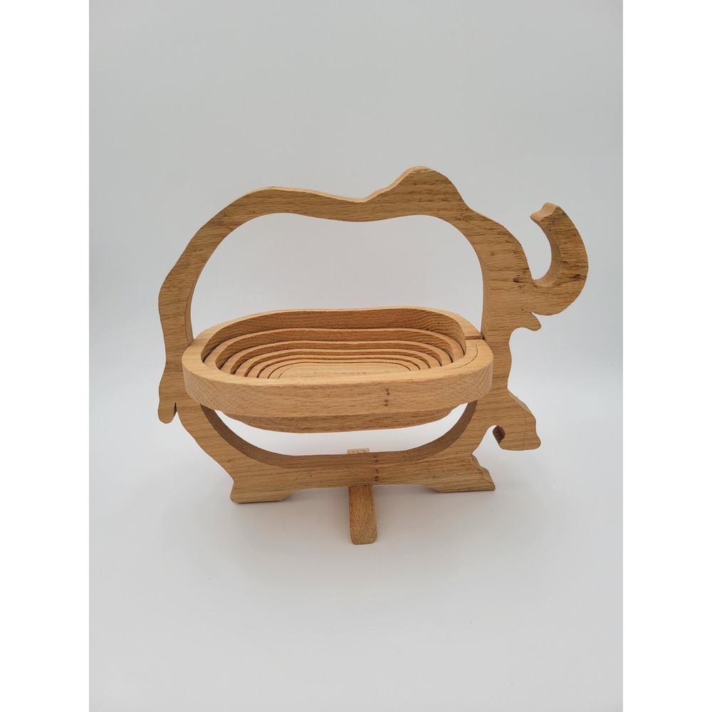 VTG Elephant‎ Shaped Collapsible Wooden Basket Folding Bowl USA